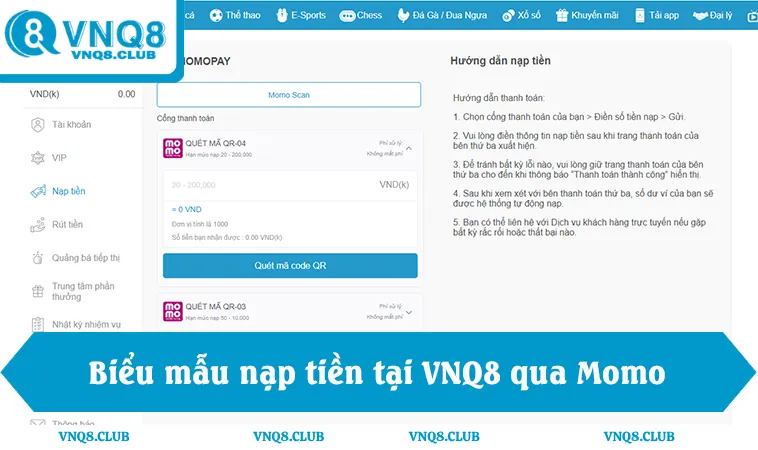 Biểu mẫu nạp tiền tại VNQ8 với các bước xác nhận giao dịch