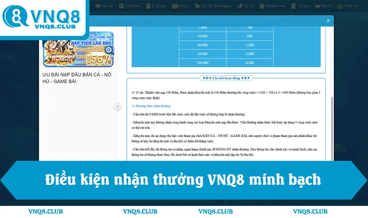 Điều kiện nhận thưởng VNQ8, chính sách khuyến mãi VNQ8
